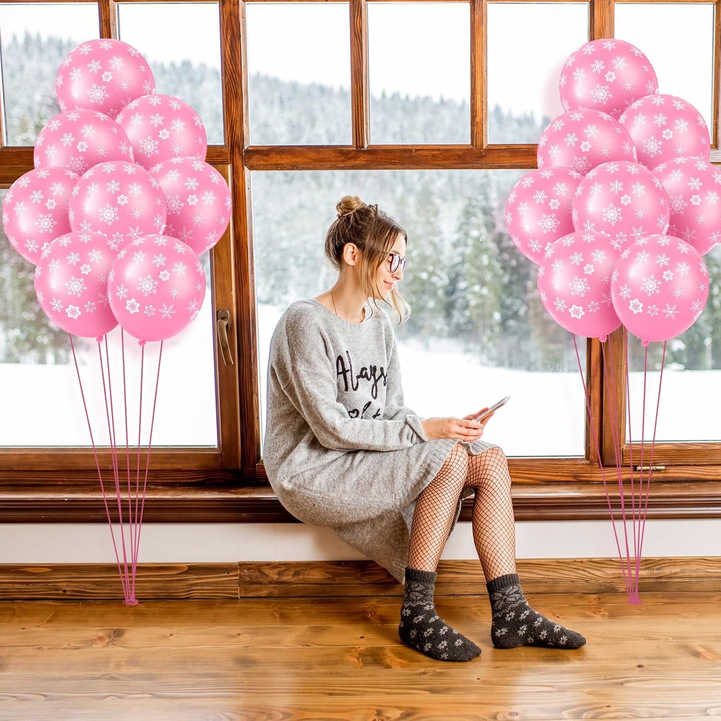 Skylety 40 Pieces Snowflake Balloons Bulk Winter Transparent Snowflake Latex Balloons for Christmas Birthday Wedding Party Decorations(Pink)