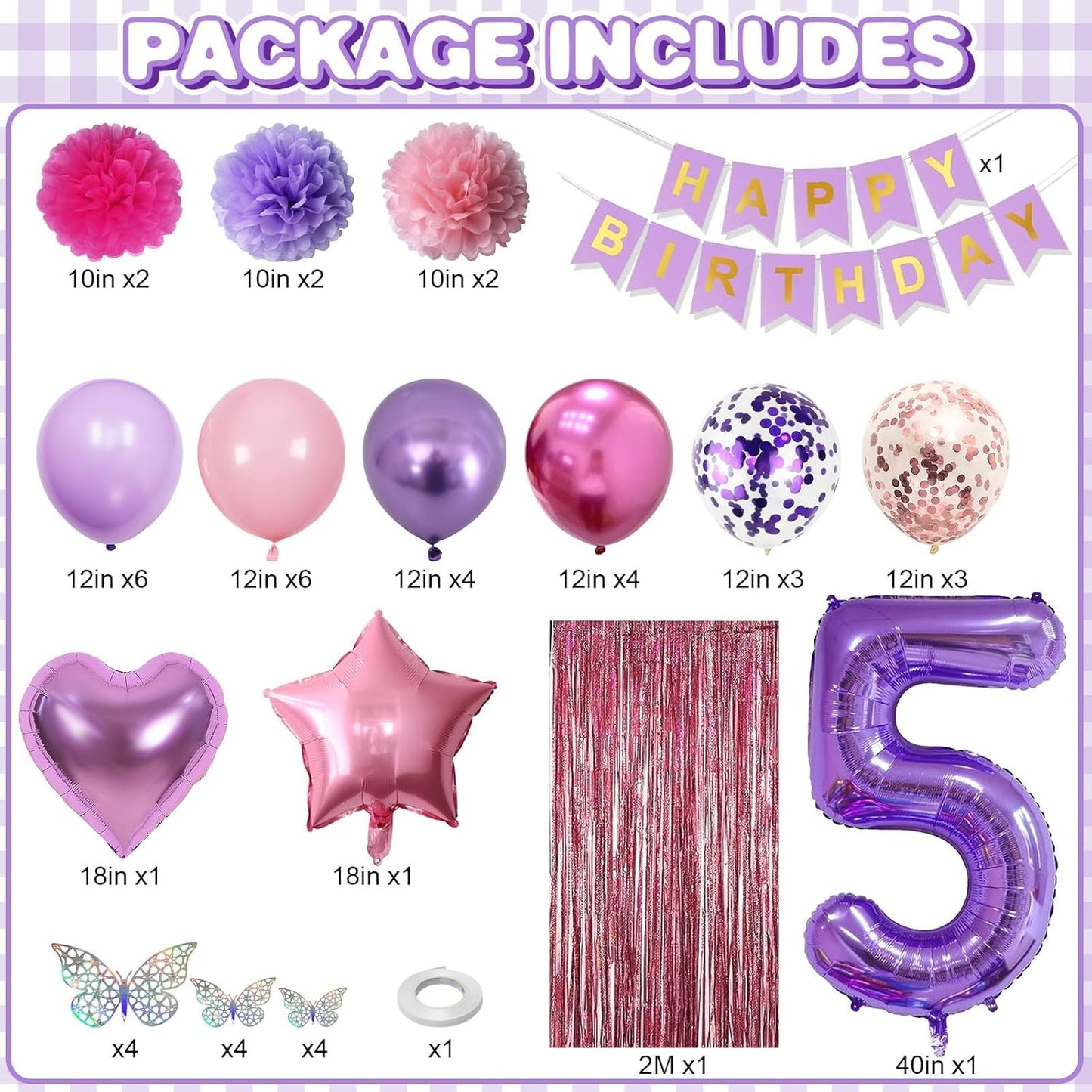 Pink Purple 5th Birthday Party Decorations for Girls Number 5 Balloon Happy Birthday Banner Butterfly Stickers Fringe Curtain Paper Pom Poms Metallic Hot Pink Star Foil Balloons 5 Year Old Princess