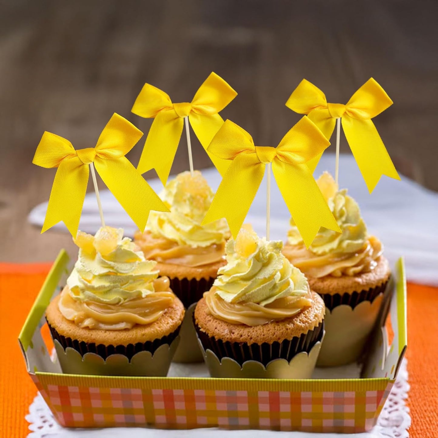 Gyufise 24Pcs Bow Cupcake Toppers Coquette Bow Girls Birthday Cake Decorations Bowknot Cake Toppers Bowknot Cupcake Picks for Baby Shower Birthday Wedding Bridal Engagement Party Supplies Yellow