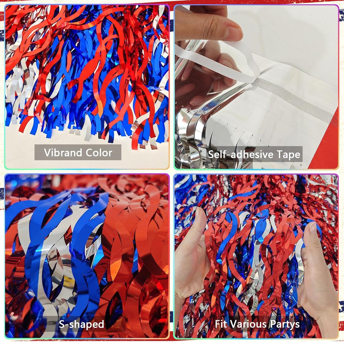 CCINEE 4 Pack 4th Of July Foil Fringe Table Skirt, 36ft Wavy Metallic Tinsel Red White And Blue Patriotic Decorations for Independence Memorial Veterans Day Labor Day Table Skirts Decoration