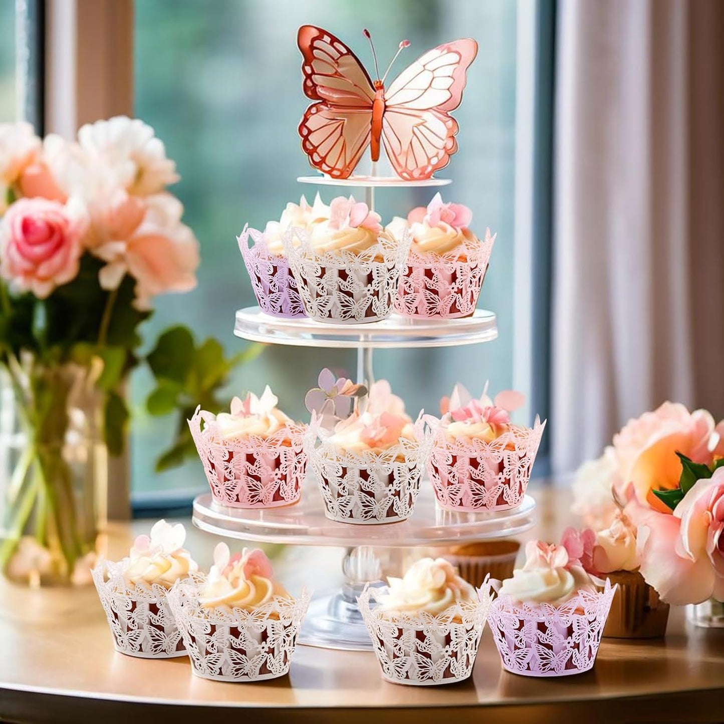 Cupcake Liners, Cupcake Wrappers Artistic Bake Cake Toppers Little Butterfly Flowers Paper White Pink Purple for Wedding Brtyday Party Decoration Pack of 24