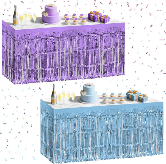 2 Pack Light Blue Light Purple Table Skirts, 29x108" Metallic Foil Tinsel Fringe Table Skirt for Rectangle Tables Streamer Curtains Backdrop, Party Decorations for Birthdays, Weddings, Holidays