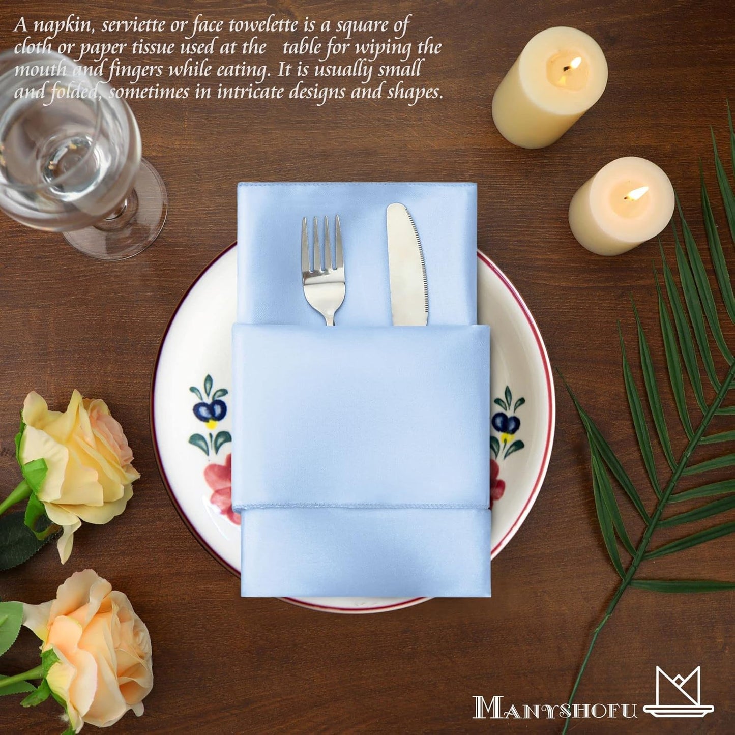 Manyshofu 60 Piece Baby Blue Satin Napkins - 20x20 Inch Square Fabric Napkins Set - Soft & Reusable for Wedding Dinner Party Lunch