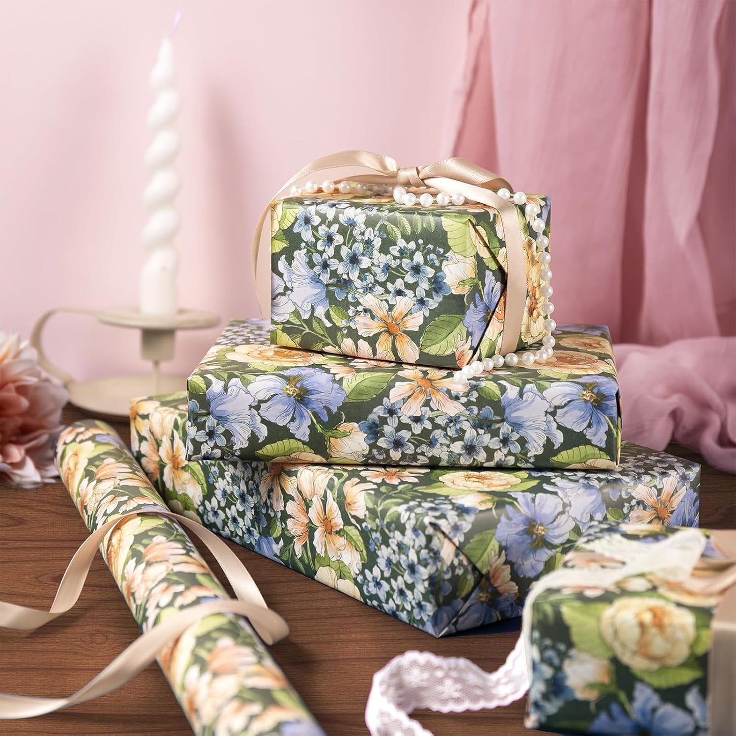 WRAPAHOLIC Kraft Floral Wrapping Paper Roll - Mini Roll - 17 Inch x 16.5 Feet - Vintage Flower Wrapping Paper Perfect for Wedding, Birthday, Bridal Shower, Tea Party