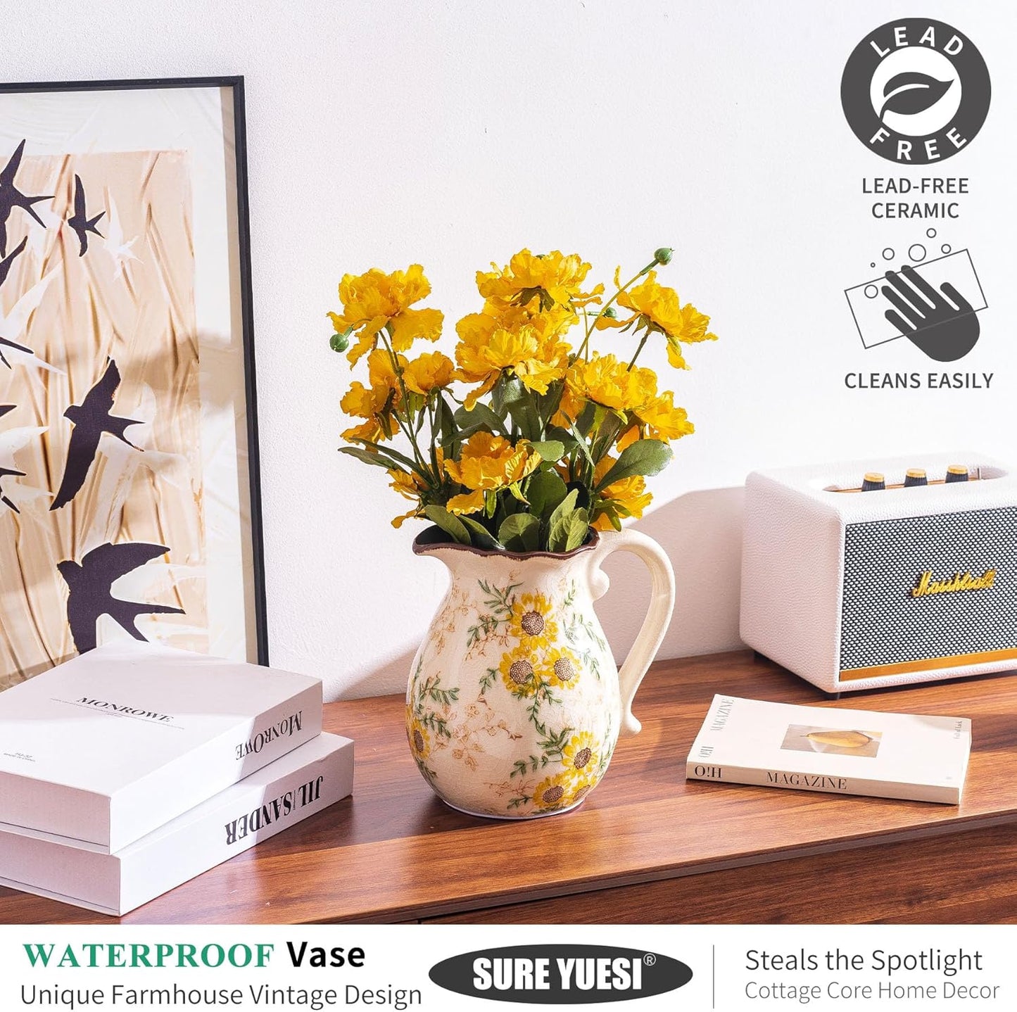 Sunflower Vintage Ceramic Yellow Floral Vase with Handle, Chinoiserie Floral Pitcher Vase, Rustic Ceramic Farmhouse Vases for Home Decor, Living Room, Bookshelf, Office, Grand Millennial Decor 7.9 in