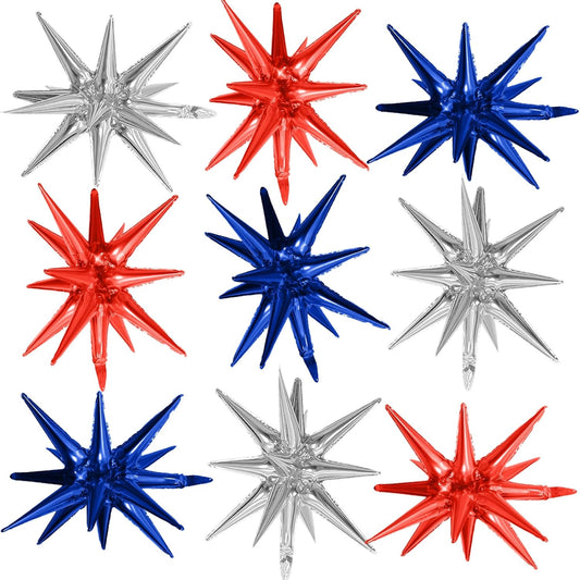 Red Blue Silver Star Balloons,9Pcs 22Inch Blue Red Silver Explosion Spike Cone Helium Polyester Film Star Foil Balloons for Birthday Anniversary Baby Shower 4th of July Disco Party Decorations