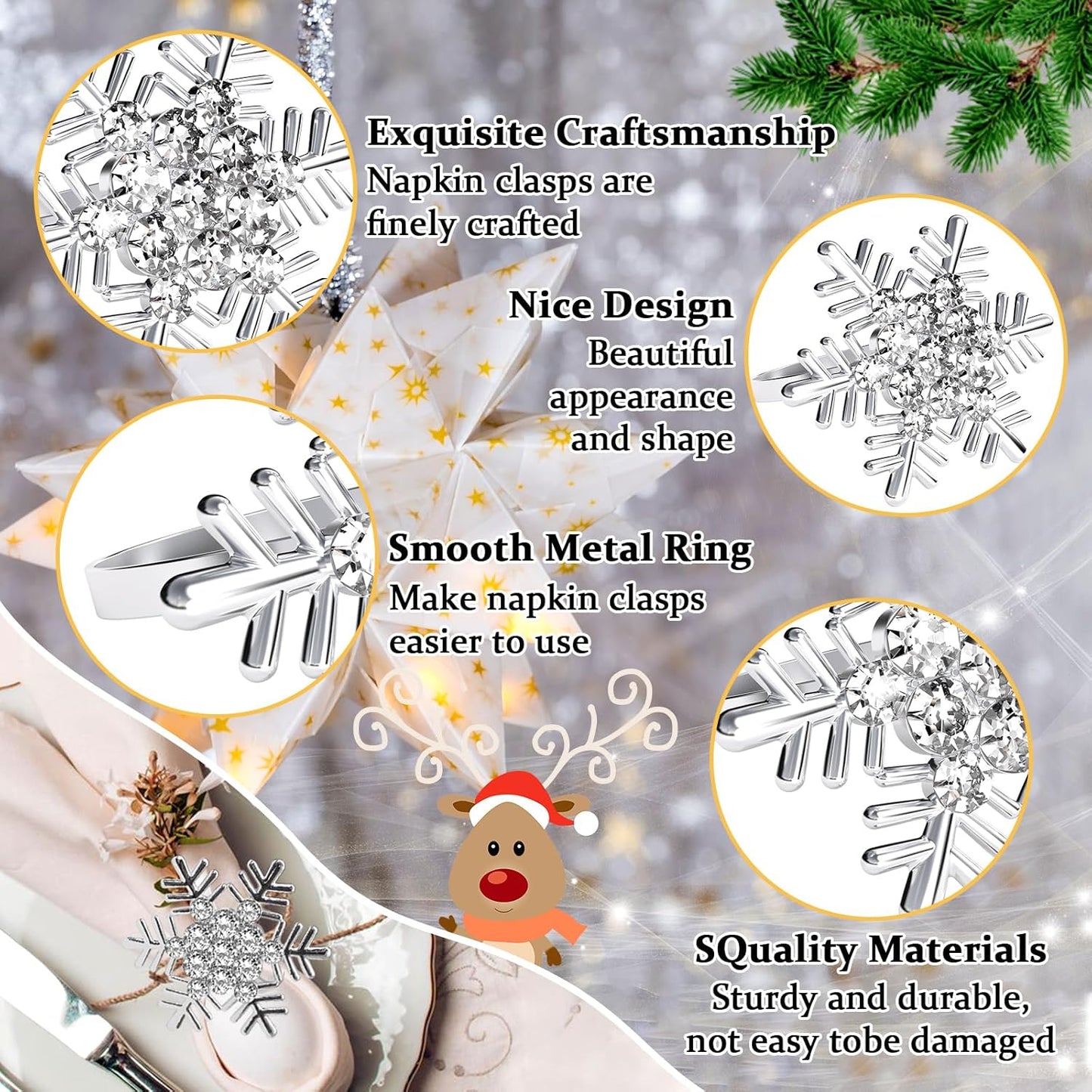 Halatool Christmas Napkin Rings Set of 8, Silver Snowflake with White Rhinestone Napkin Holder for Christmas Thanksgiving Winter Holiday Place Setting, Weddings, Party Table Decoration