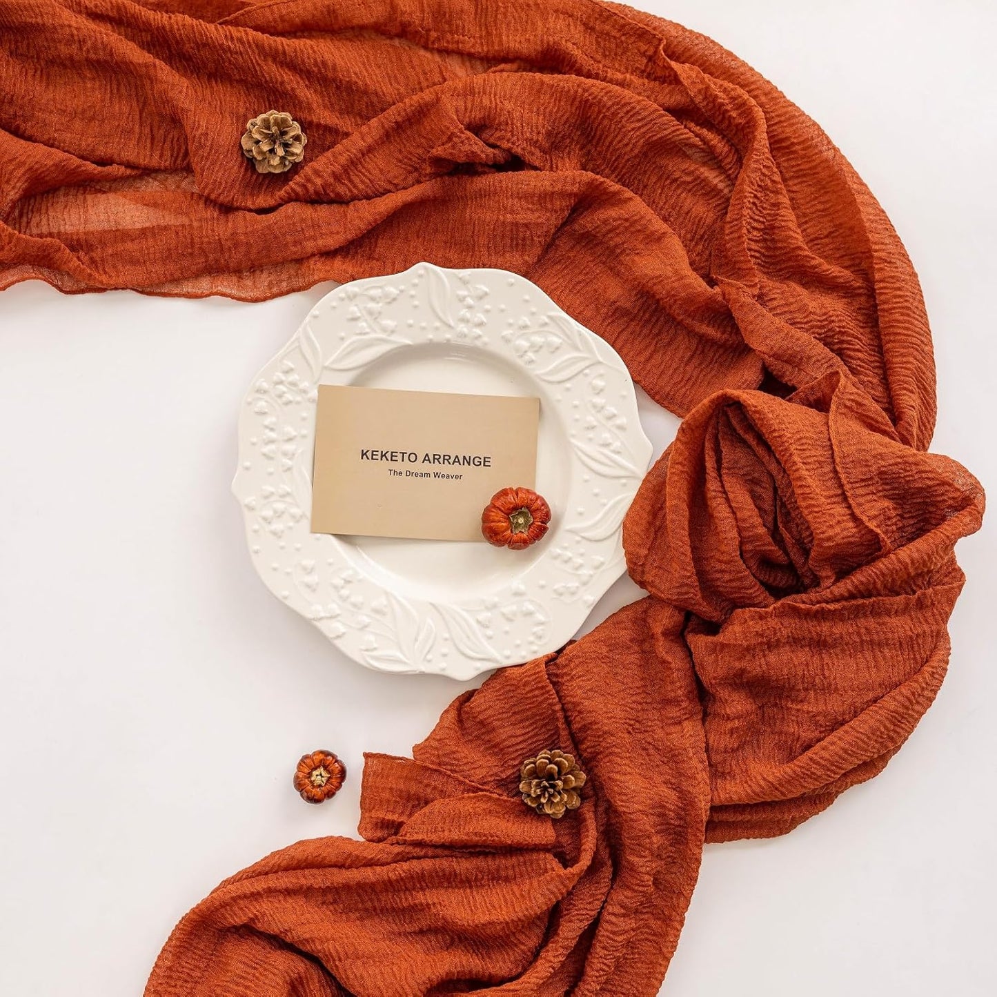 Keketo Fall Thanksgiving Table Runner Terracotta Rust Gauze 120 Inch 10 FT Rustic Burnt Orange Sheer Cheese Cloth for Bridal Shower Friendsgiving Party Centerpiece Decor Fall Decorations for Home