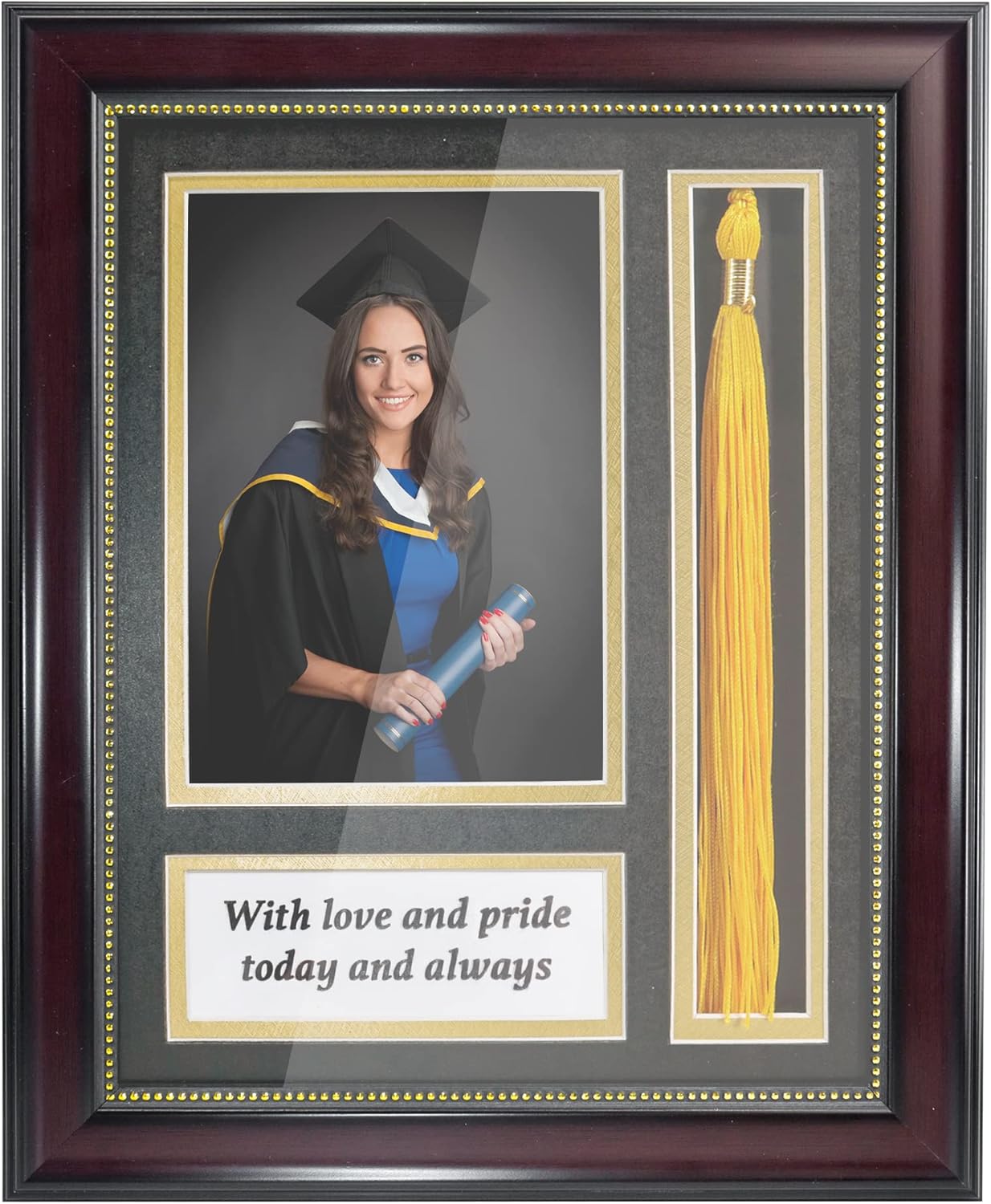 GraduationMall Graduation Photo Shadow Box Frame with Tassel Holder for 5x7 Pictures,Real Glass,Black over Gold Double Mat,Wall & Tabletop Design