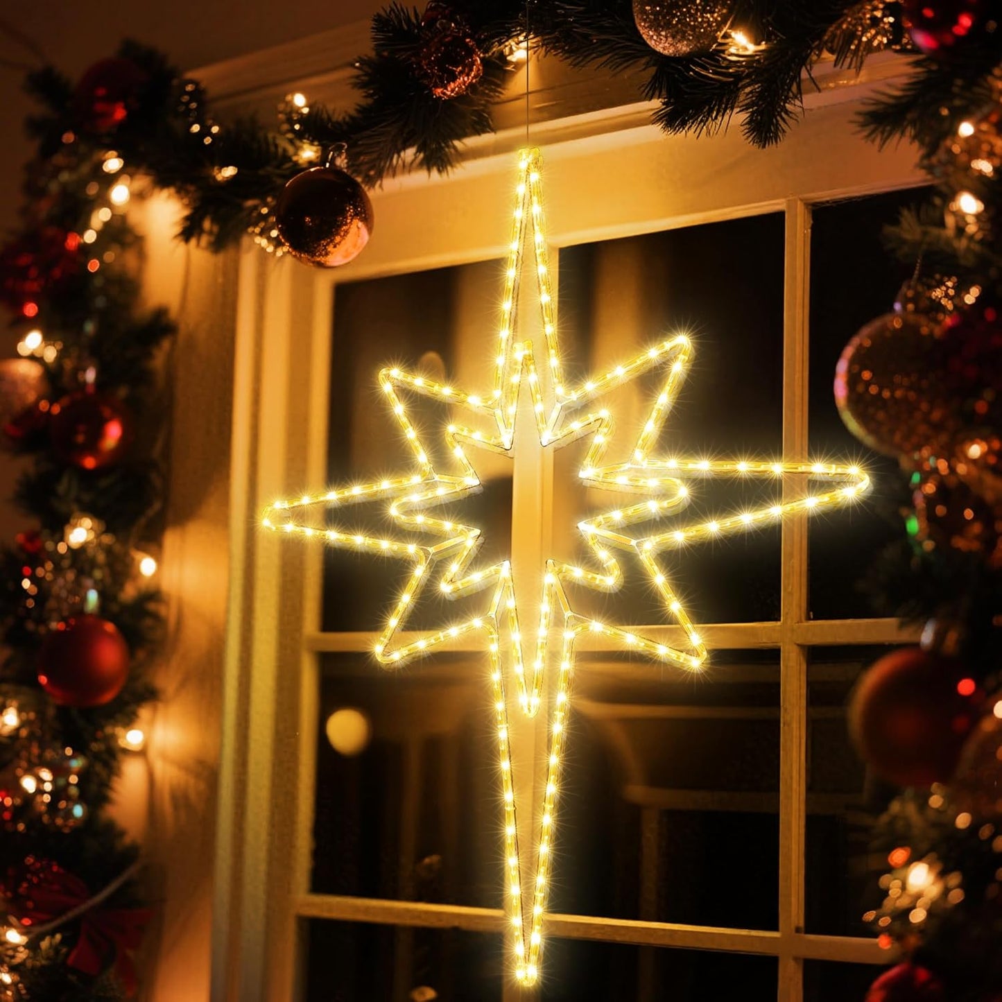 Christmas 45'' Bethlehem Star Lights Decoration - 141LED Outdoor Waterproof Christmas LED North Star Nativity Holy Family Light with Timer for Outdoor Home Party Porch Wall Hanging Light