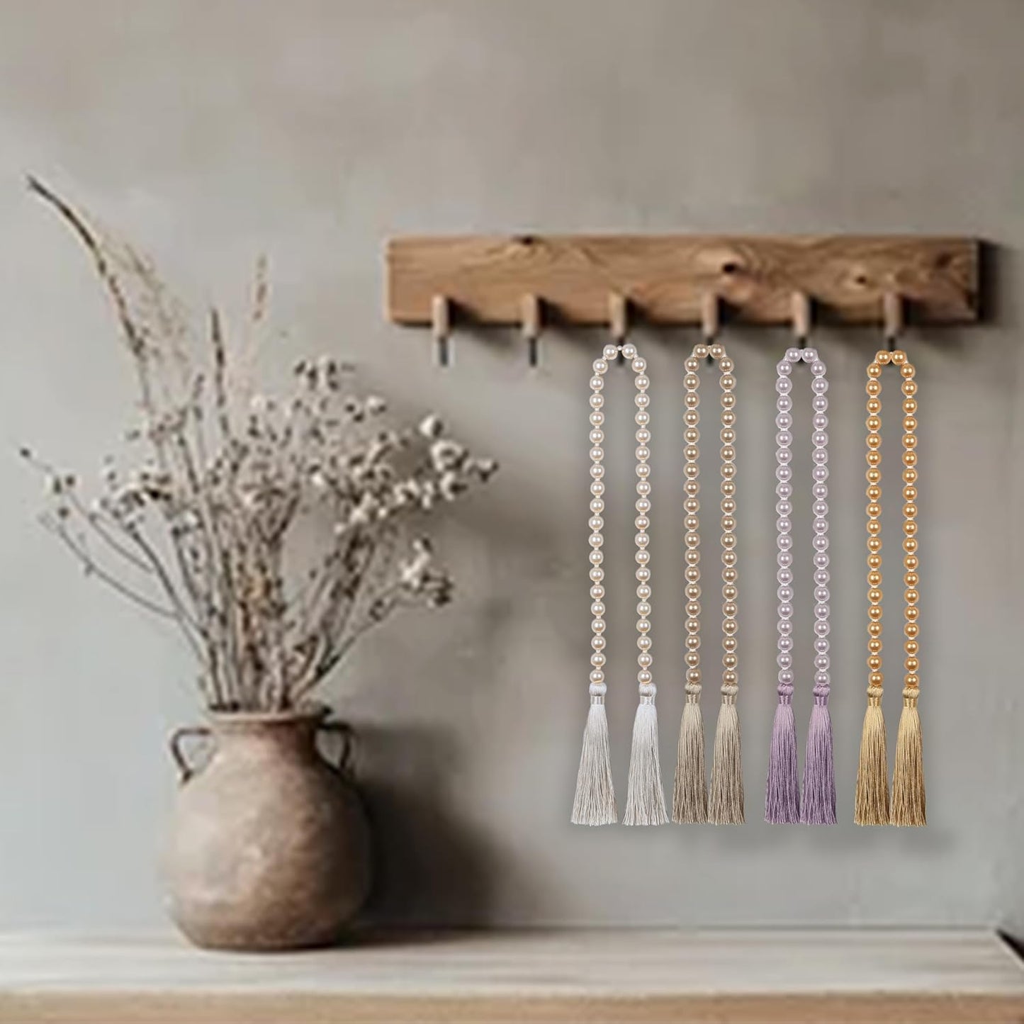 Fenghuangwu 34 Inch Pearl Glass Bead Garland with Tassels - Elegant Boho Table Decor, Fringe Wall Hanging for Wedding, Party, Farmhouse Rustic Prayer Bead Home Decoration(1 Pack,Off White)
