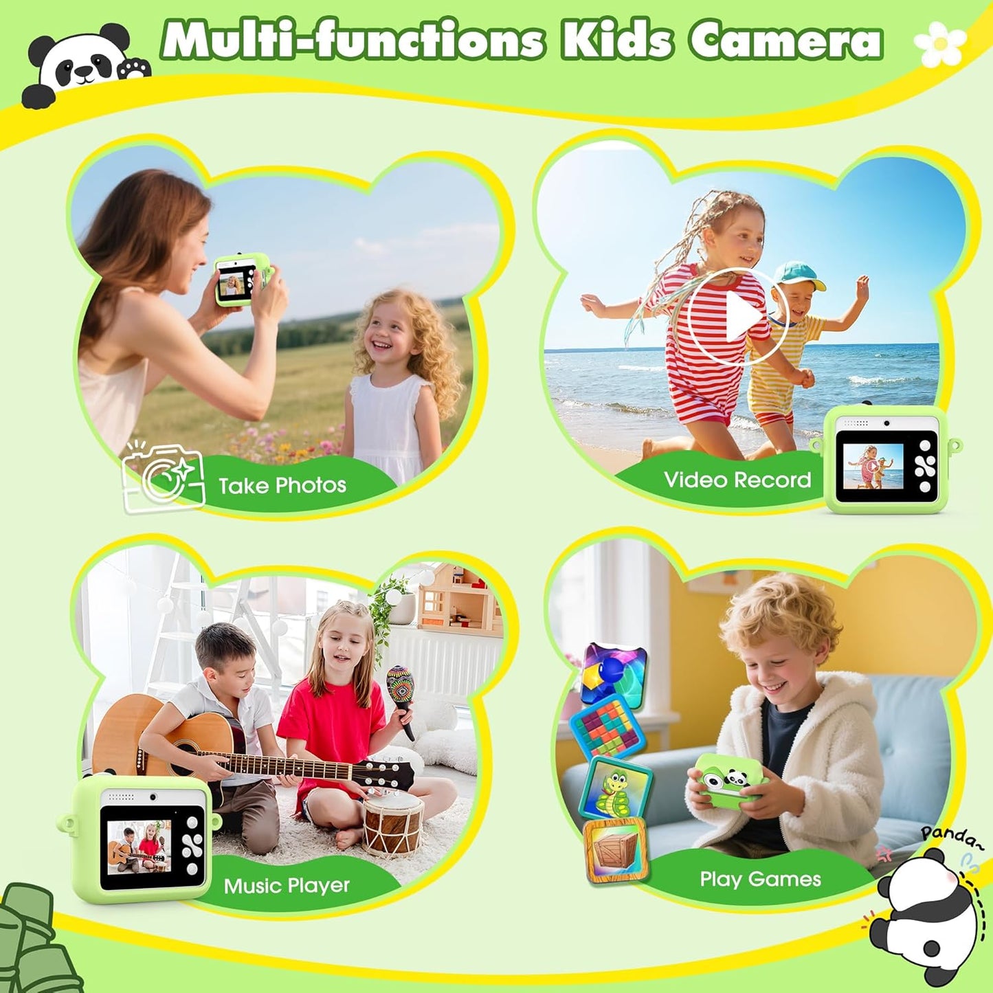 Kids Camera Instant Photo Printing,HD Digital Video Dual Cameras with Panda Silicone Case,Kids Digital Camera That Print Photos Easter Birthday Gift for Boys and Girls with 32GB SD&3 Rolls Print Paper
