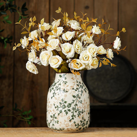 Green and Beige Vintage Vase, Chinoiserie Floral Vase, Rustic Ceramic Large Vases for Home Decors, Living Room, Bookshelf, Office, Grand Millennial Decor, Chinoiserie Decors, Tuscan Decor 7.8 Inch