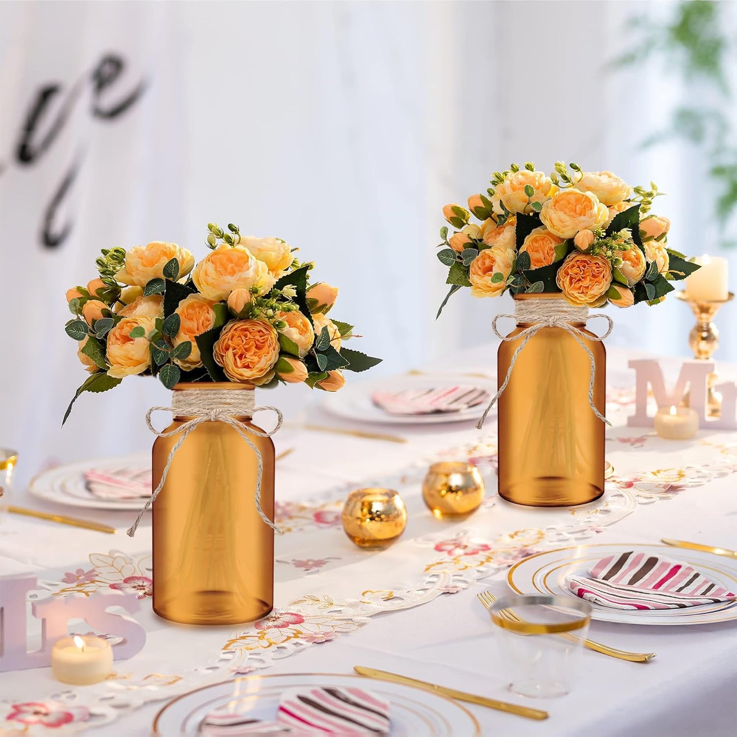 Vintage Glass Flower Vase，6 Pack Farmhouse Amber Gold Glass Centerpiece Vases Mason Jars for Christmas Weddings, Parties & Home Decor Bulk (6, Amber)