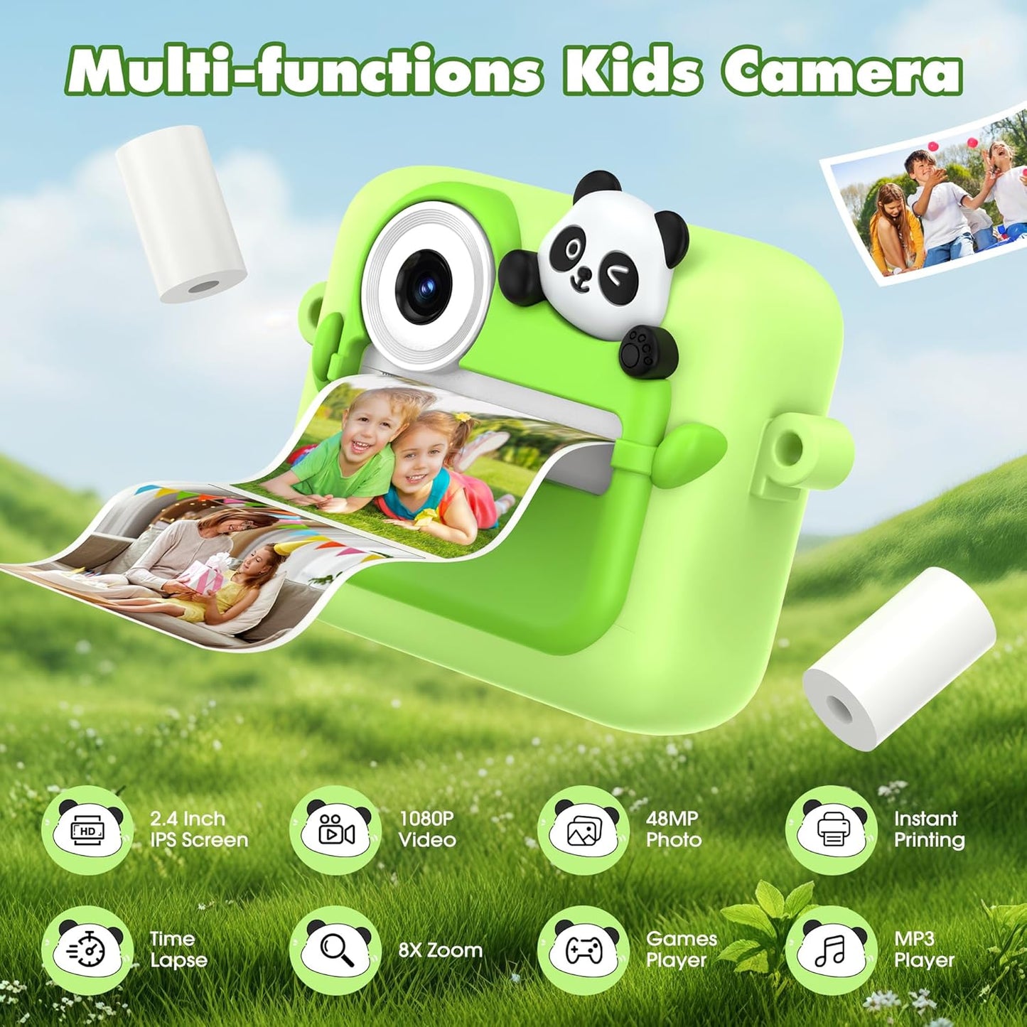 Kids Camera Instant Photo Printing,HD Digital Video Dual Cameras with Panda Silicone Case,Kids Digital Camera That Print Photos Easter Birthday Gift for Boys and Girls with 32GB SD&3 Rolls Print Paper