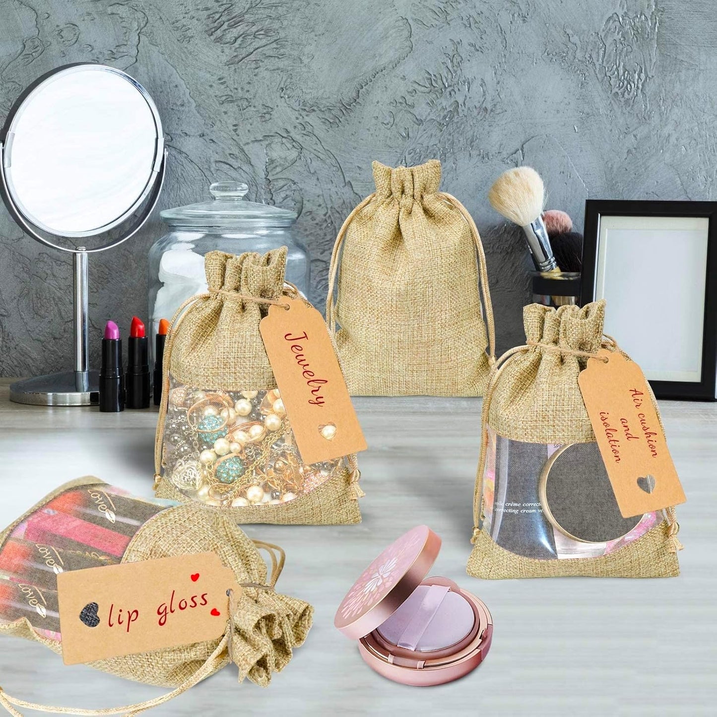 GIOIPC 50Pcs 6 x 9 Inch Linen Burlap Sheer Bags with Drawstring and Bonus Gift Tags for Wedding Birthday Bag,Craft Bags,Cosmetic Samples