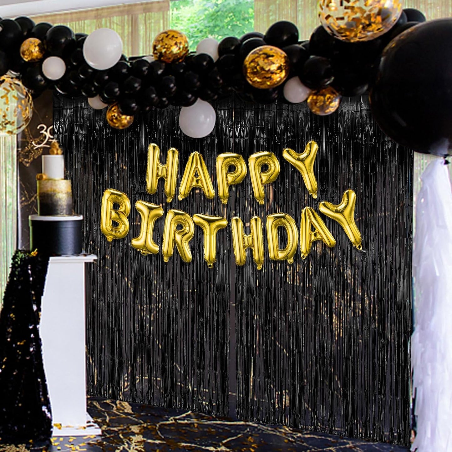 5 Pack Black Party Streamers Backdrop Tinsel Foil Fringe Curtains Halloween & Birthday Party Decorations