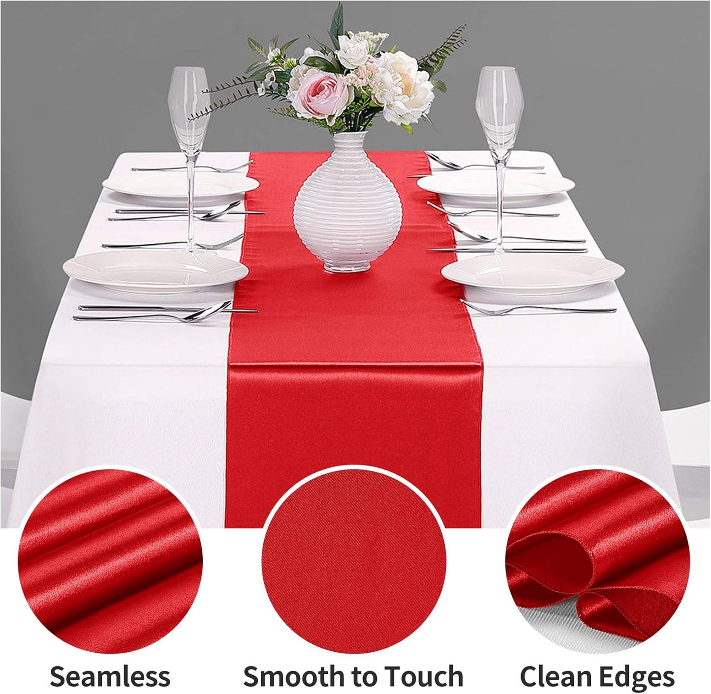 10-Pack Satin Table Runner Red 12 x 108 inches Long, Table Runners for Wedding, Birthday Parties, Banquets Decorations（10 Pack, 12x108 Inch, Red）