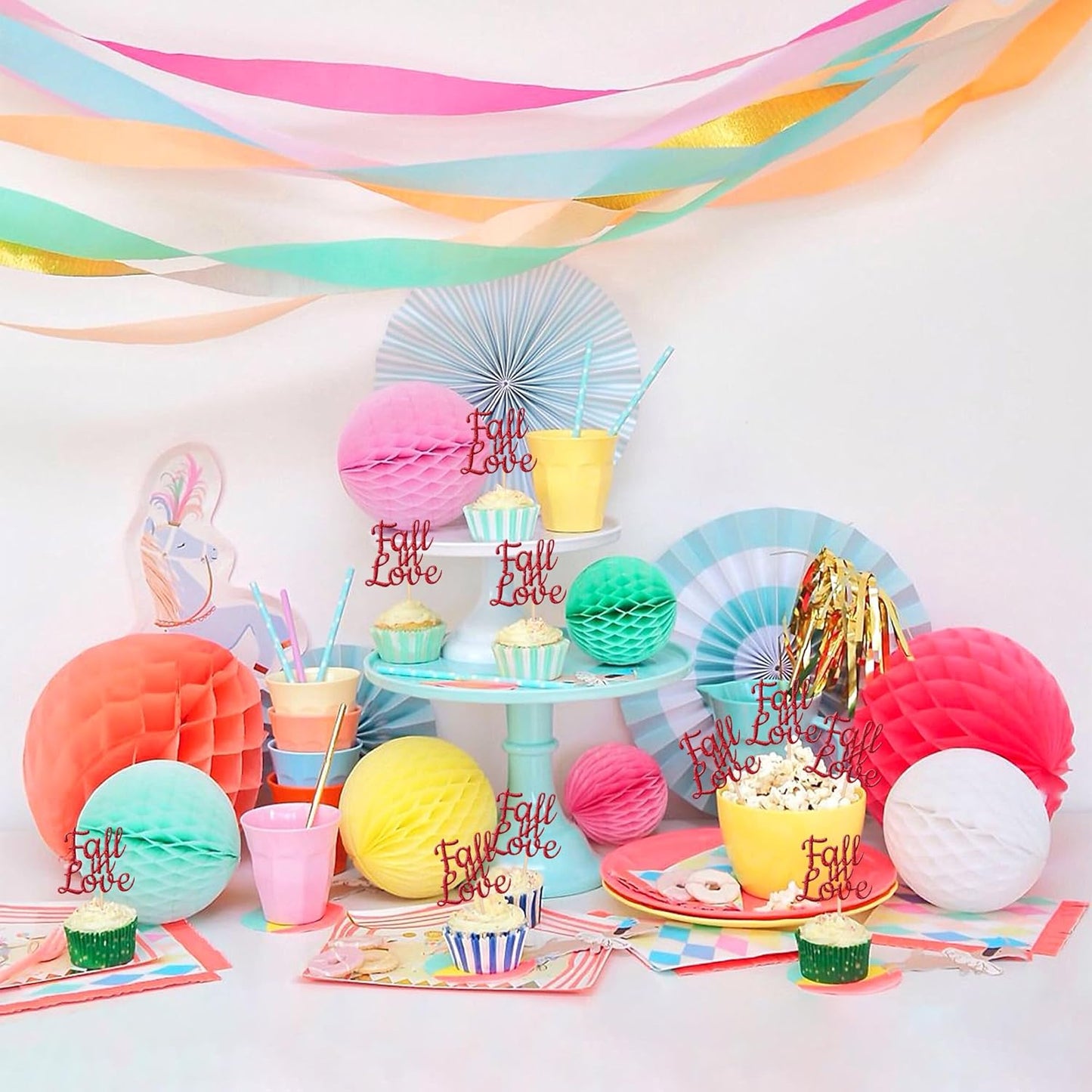 24 PCS Fall in Love Cupcake Toppers Glitter Fall Theme Party Cupcake Picks Bridal Shower Cupcake Decorations for Autumn Wedding Engagement Anniversary Birthday Party Cake Decorations Supplies Red