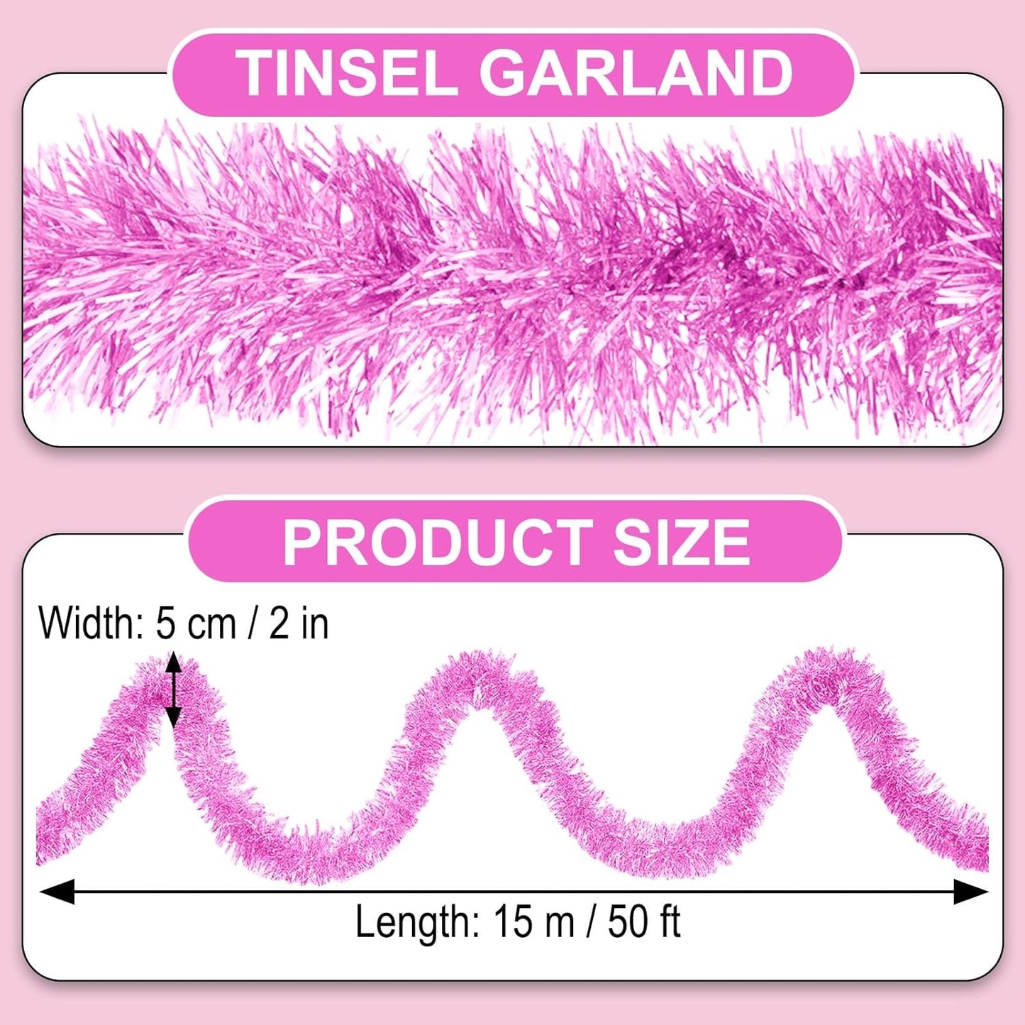 50 Feet Macaron Pink Christmas Tinsel Garland, Metallic Foil Twist Garland Wall Hanging Tinsel Banner Backdrop for Parade Floats, Easter, Mother's Day, Wedding Party Decorations (2in x 50ft)