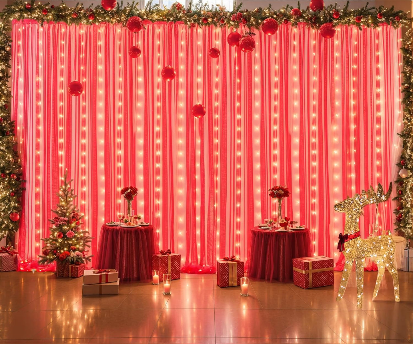 Suppromo Red Tulle Backdrop Curtain with Lights String for Parites 30x10ft Sheer Backdrop Curtains for Birthday Party Baby Shower Christmas Wall Photo Booth Background Decorations(6 Panels 5ft×10ft)