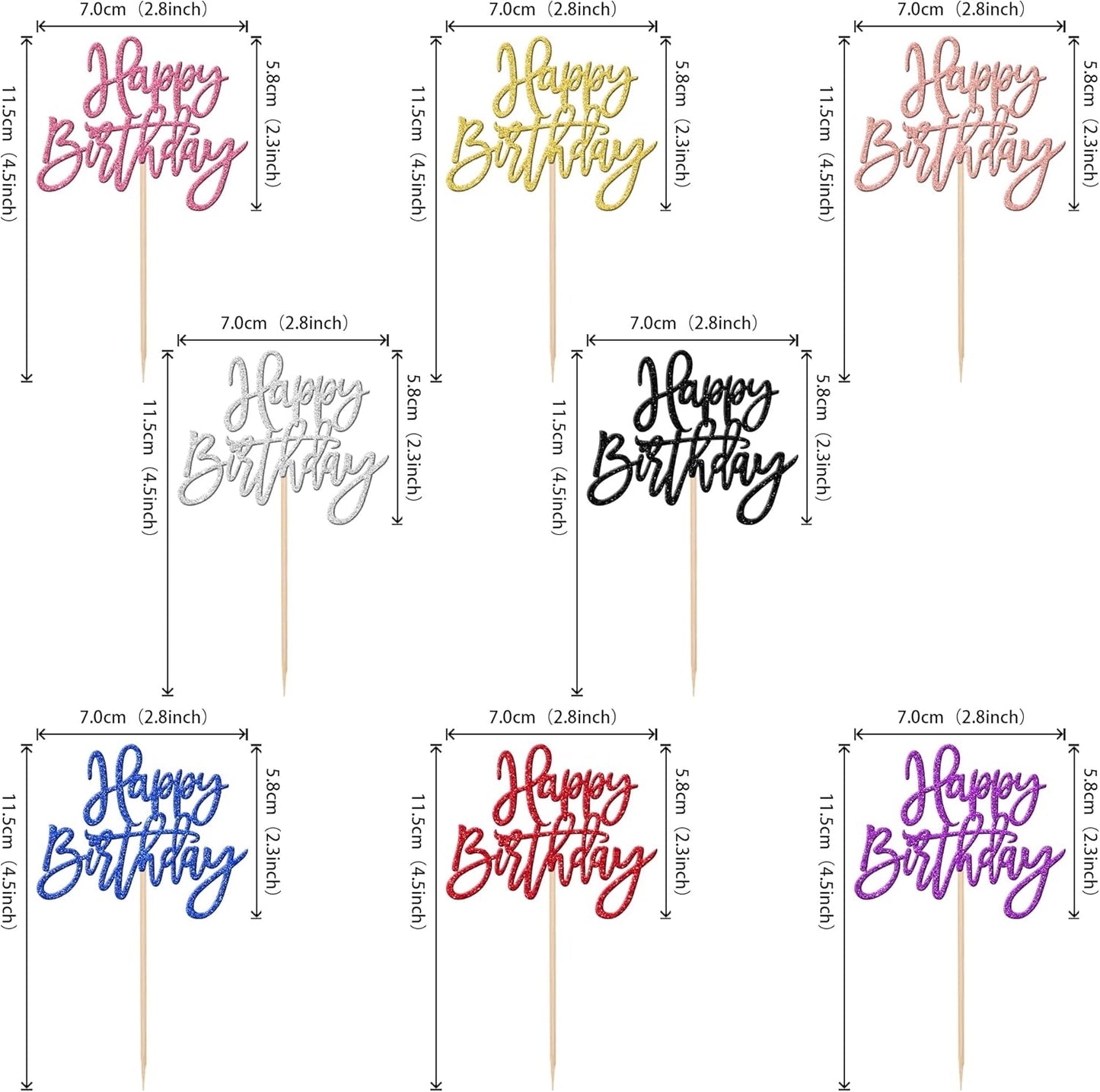 24 PCS Happy Birthday Cupcake Toppers Glitter Picks for Celebrating Party Decorations Anniversary Theme Cake Supplies Multi