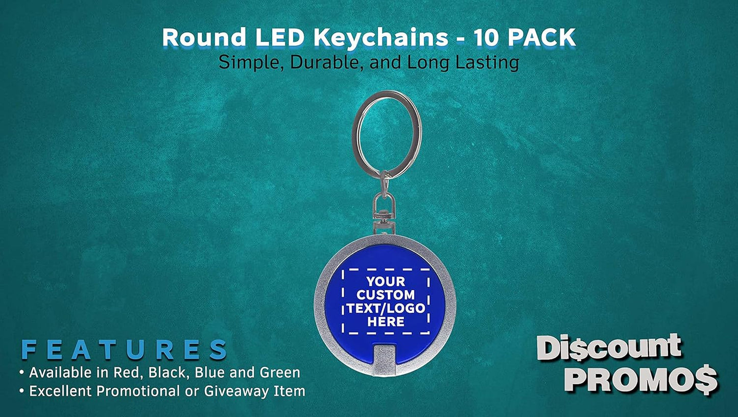 DISCOUNT PROMOS 10 Round LED Keychains - Customizable Text, Logo - Battery included, Plastic - Blue