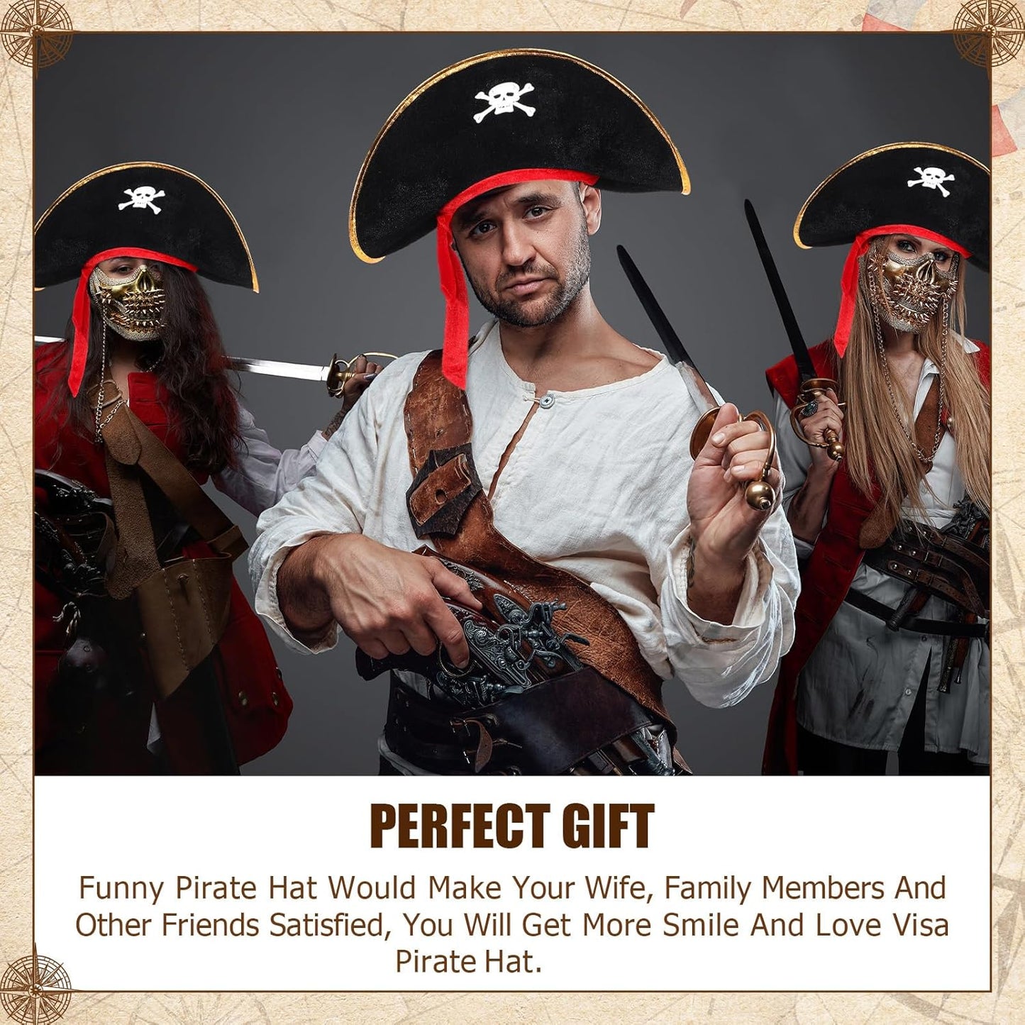 Hsei Pirate Hat Pirate Accesseries Hats for Adult Captain Caps with Skull Print for Masquerade Cosplay, Funny Party Supplies