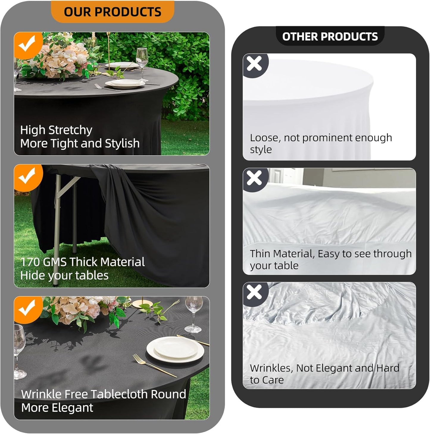 8 Pack Black Round Spandex Tablecloth 60 Inch, Wrinkle Free Stretch 120 Inch Fitted 5ft Black Table Cloths Round Table Covers with Ruffle Skirt for Graduation Wedding Party Banquet