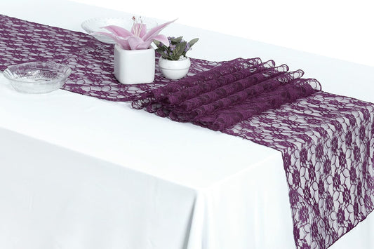 MDS Pack of 10 Wedding 12 x 108 inches Lace Table Runner for Wedding, Decorations for Birthday Parties, Banquets, Graduations, Engagements, and Runners fit Rectangle, Round Table- Plum