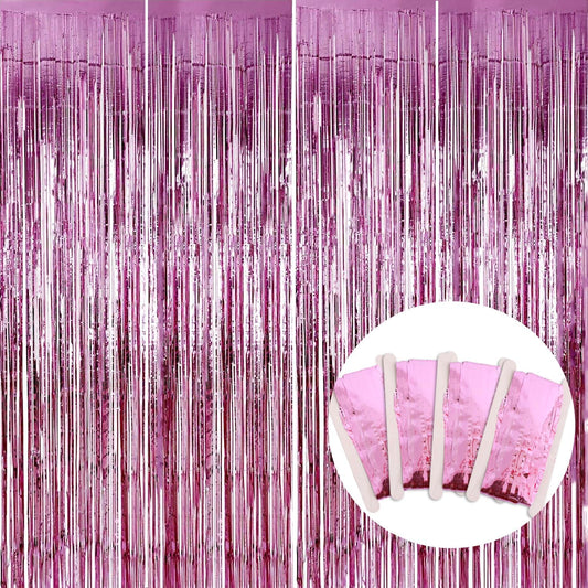 BEISHIDA 4 Pcs Pink Door Streamers Tinsel Curtain Party Streamers Backdrop Fringe Foil Wall Background for Birthday Christmas Wedding Pink Girls Valentine's Day Party Decoration(3.28 ft x 6.56 ft)