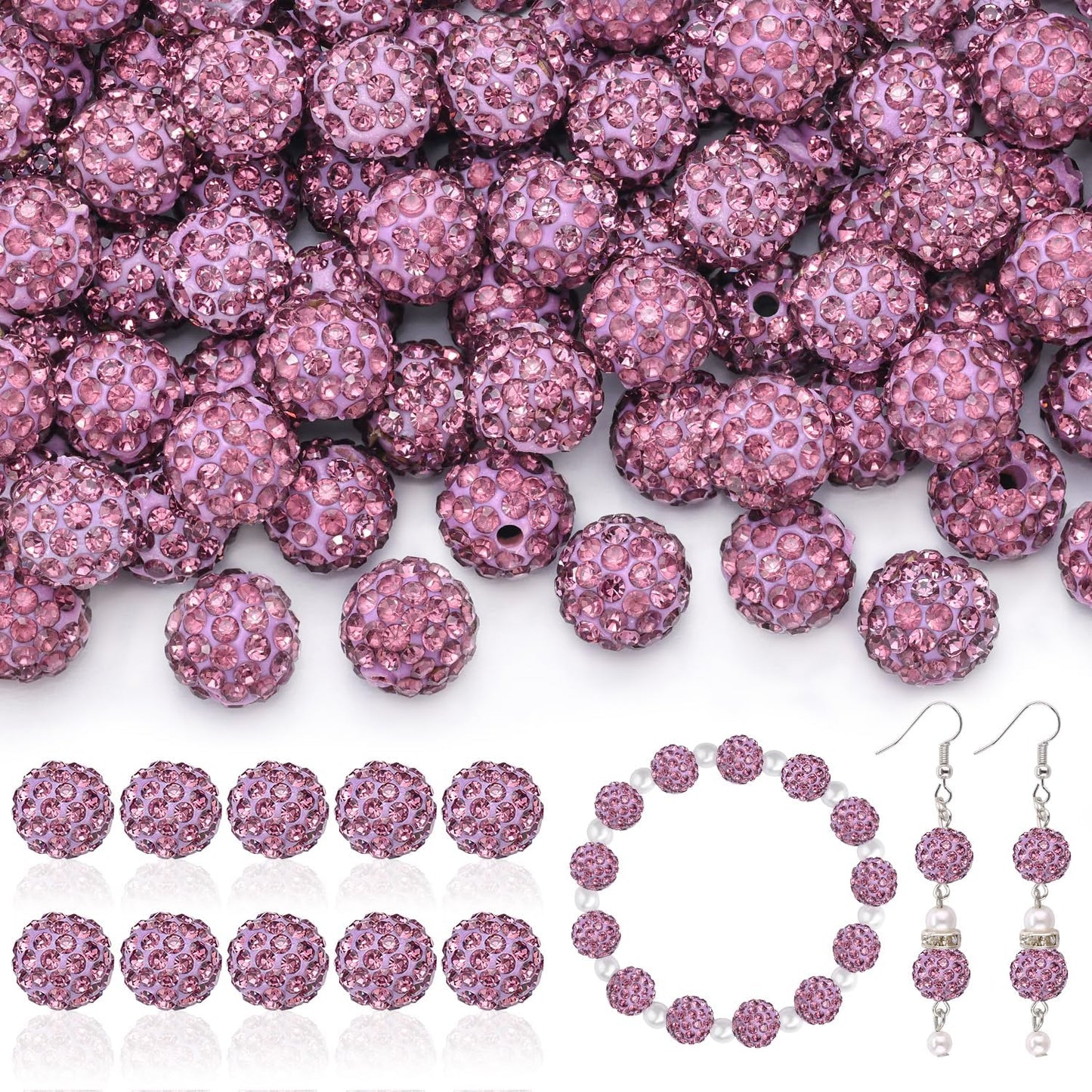 160pcs 10mm Rhinestone Beads for Jewelry Making, Light Purple Shiny Round Disco Beads Bulk, Sparkle Crystal Clay Christmas for Bracelet Baseball Necklace Earring Crafting and DIY