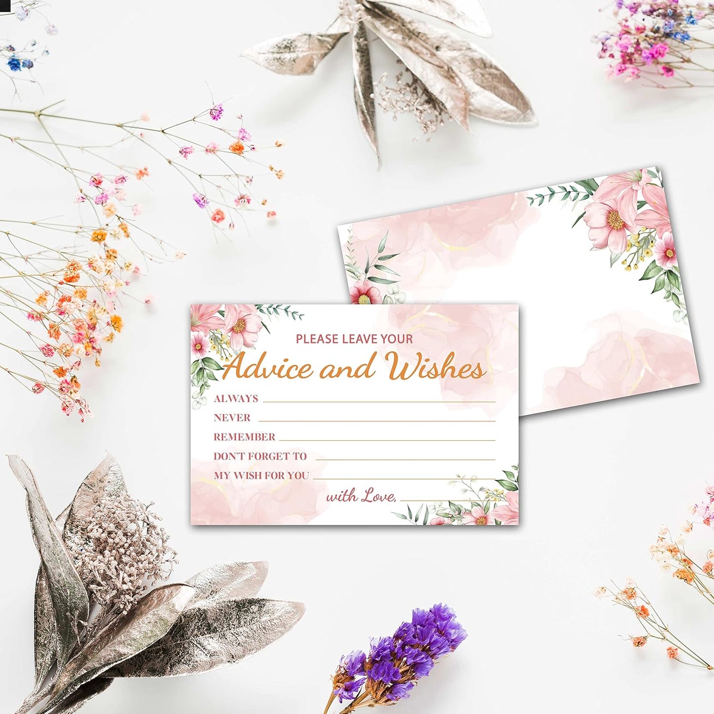 Boho Floral Greenery Advice and Wishes Cards, 25 Pcs Blush Pink Double Sided Advice Cards for The Bride and Groom, Mr and Mrs, Bride Shower, Wedding Reception, Engagement Party(06)