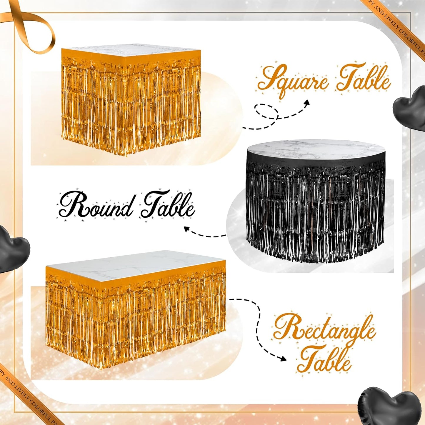 2 Pack Black Orange Table Skirts, 29x108" Metallic Foil Tinsel Fringe Table Skirt for Rectangle Tables Streamer Curtains Backdrop, Party Decorations for Birthdays, Weddings, Holidays