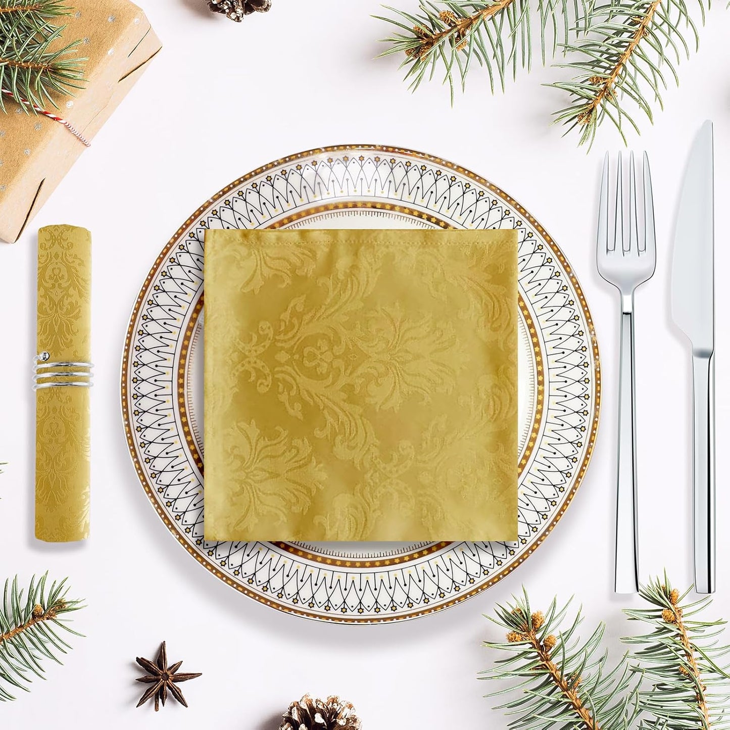 SASTYBALE Jacquard Square Napkin, Damask Wrinkle Resistant Soft Polyester Napkins, Fall Fabric Cloth Napkins for Wedding, Spring, Party, Dinners, Set of 4 (Gold, 20X20 inch Napkin)