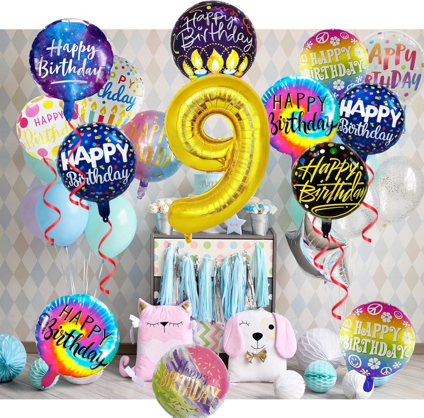 50 Pcs Happy Birthday Party Aluminum Foil Balloons and 9th Balloons, 18 Inch Round Aluminum Foil Balloon with" Happy Birthday" Sign, Birthday Party Decorations for Boys/Girls (Yellow, 9)