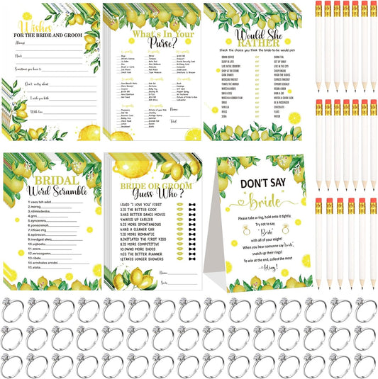 Estune 331 Pcs Bridal Shower Games Supplies, 5 Sets 250 Pcs Wedding Cards 1 Put a Ring on It Bridal Shower Games with 60 Rings and 20 Pencils(Lemon Style)