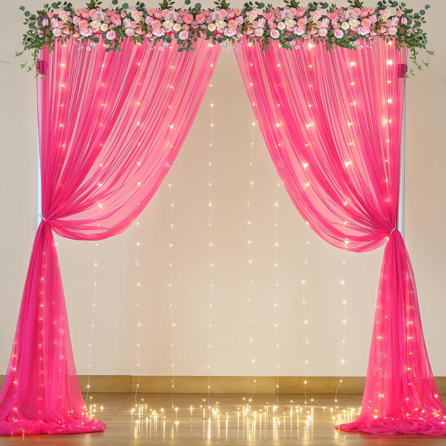 Hot Pink Tulle Backdrop Curtain with Lights for Parties 10x8ft Fuchsia Sheer Backdrop Curtains for Weddings Birthday Baby Shower Photo Shoot Background Decorations