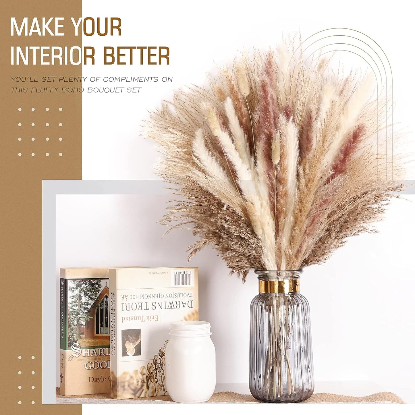 N&T NETING 75Pcs Pampas Grass Decor-10Pcs White Pampas Grass, 20Pcs Brown Pampas, 10Pcs Bunny Tail, 30Pcs Reed, 5Pcs Fluffy Dried Pompas Grass Flower for Fall Home Wedding Table Vase Boho Decor