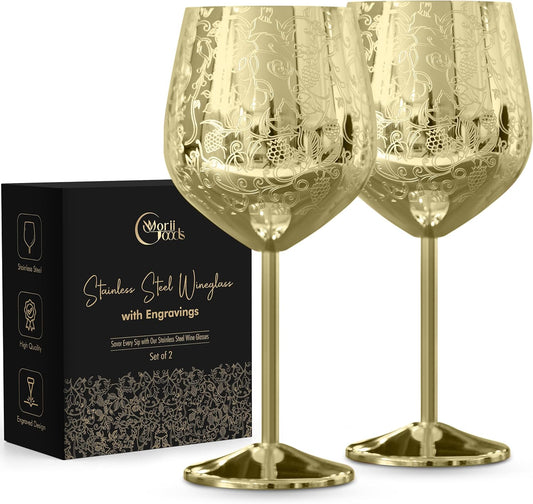 Stainless Steel Wine Glasses - Set of 2 Etched 16 oz Metal Goblets, Unbreakable Gold Cups for Camping, Travel, Outdoor Events, Picnics, Luxury Wine Gifts for Women and Men
