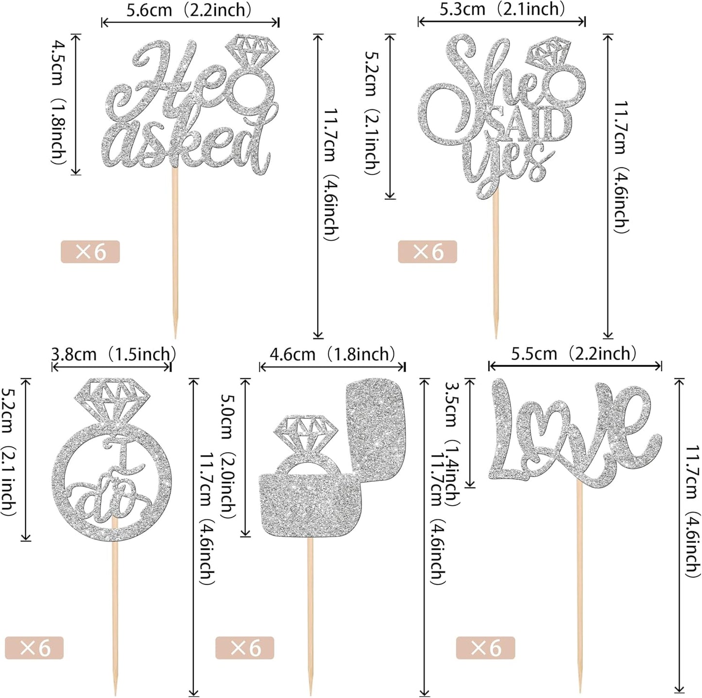 30 PCS He Asked She Said Yes Cupcake Toppers Diamond Ring Cupcake Picks Love I Do Bridal Shower Cupcake Decorations for Wedding Enaggement Theme Party Cake Decorations Supplies Silver