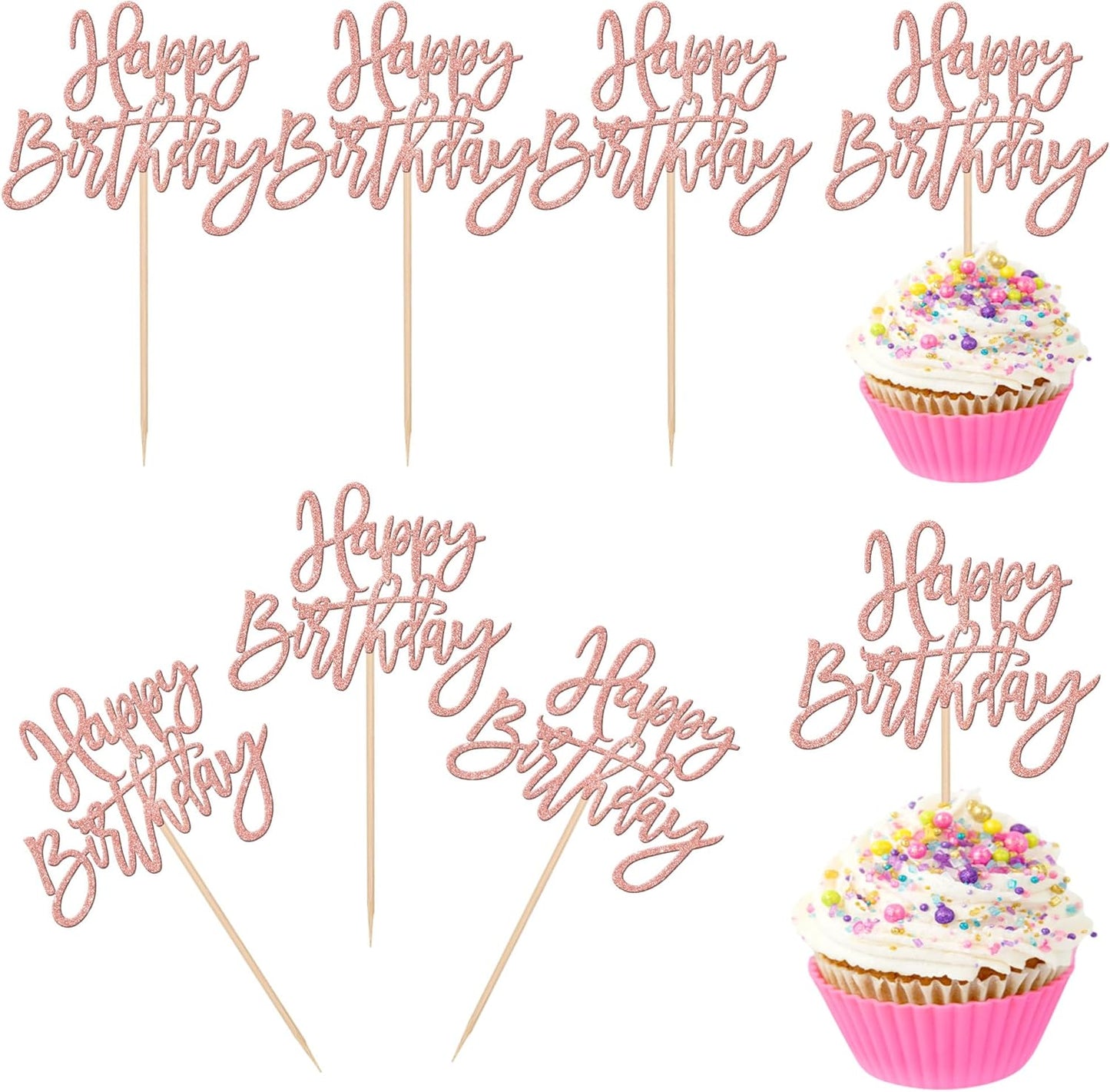 24 PCS Happy Birthday Cupcake Toppers Glitter Picks for Celebrating Anniversary Theme Party Cake Decorations Supplies Rose Gold