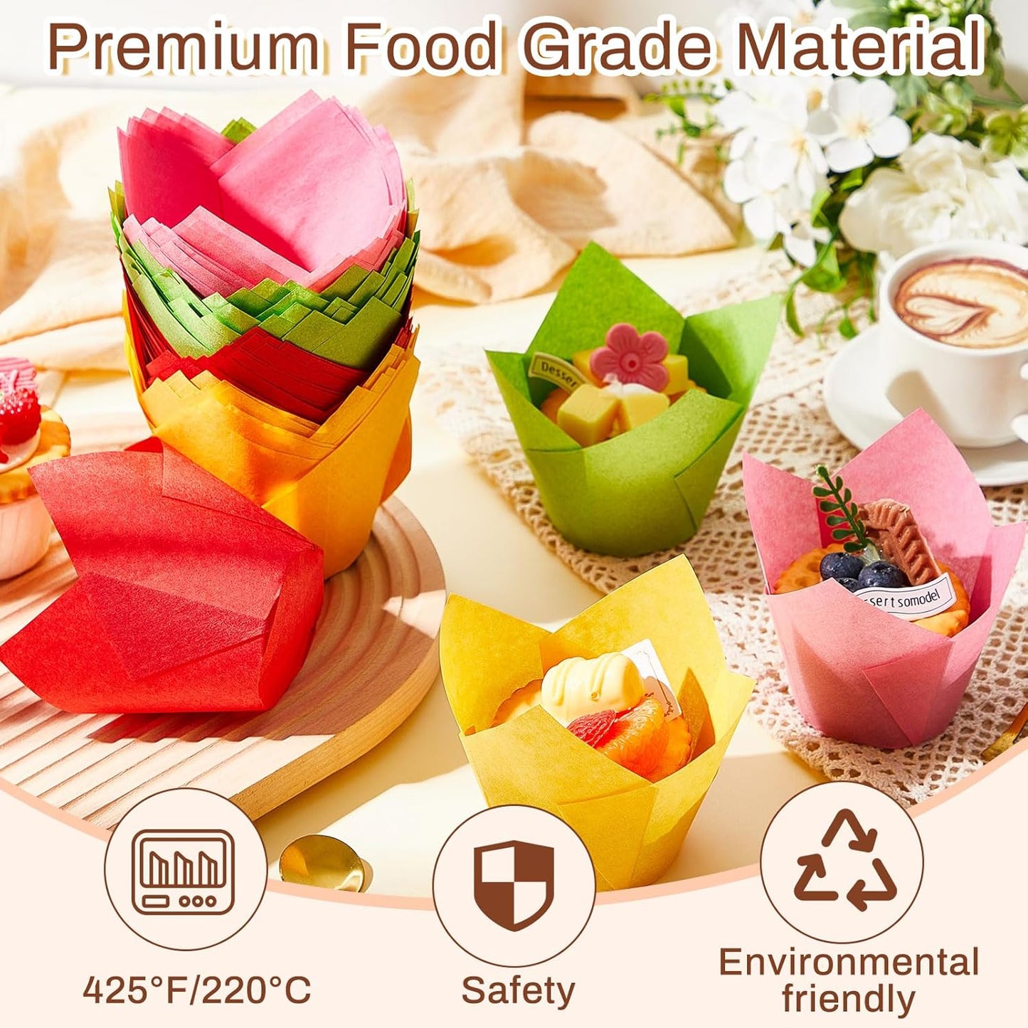 300 Pcs Jumbo Muffin Liners for Baking 2-1/4" x 4" Large Tulip Cupcake Liners Greaseproof Cupcake Wrapper Paper for Weddings Birthday Christmas Anniversaries Party (Green,Red,Yellow,Pink)