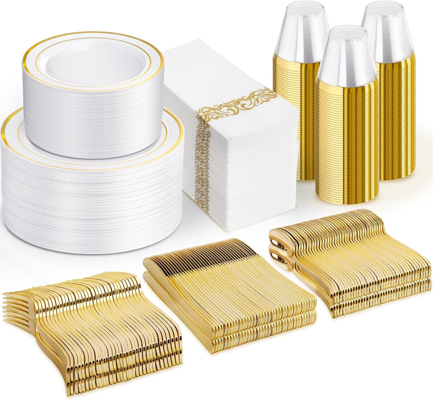 NOCCUR 700PCS Gold Disposable Dinnerware Set for 100 Guests - Plastic Plates for Party - Include 200 Gold Dinner/Dessert Plates, 100 Napkins, 100 Cups, 300 Plastic Silverware - Ideal for Wedding&Party