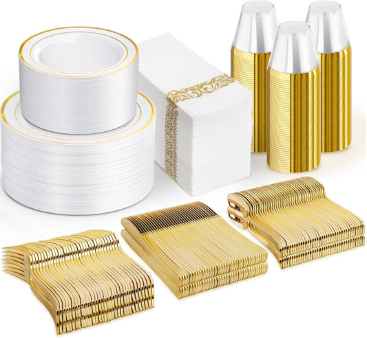 NOCCUR 700PCS Gold Disposable Dinnerware Set for 100 Guests - Plastic Plates for Party - Include 200 Gold Dinner/Dessert Plates, 100 Napkins, 100 Cups, 300 Plastic Silverware - Ideal for Wedding&Party