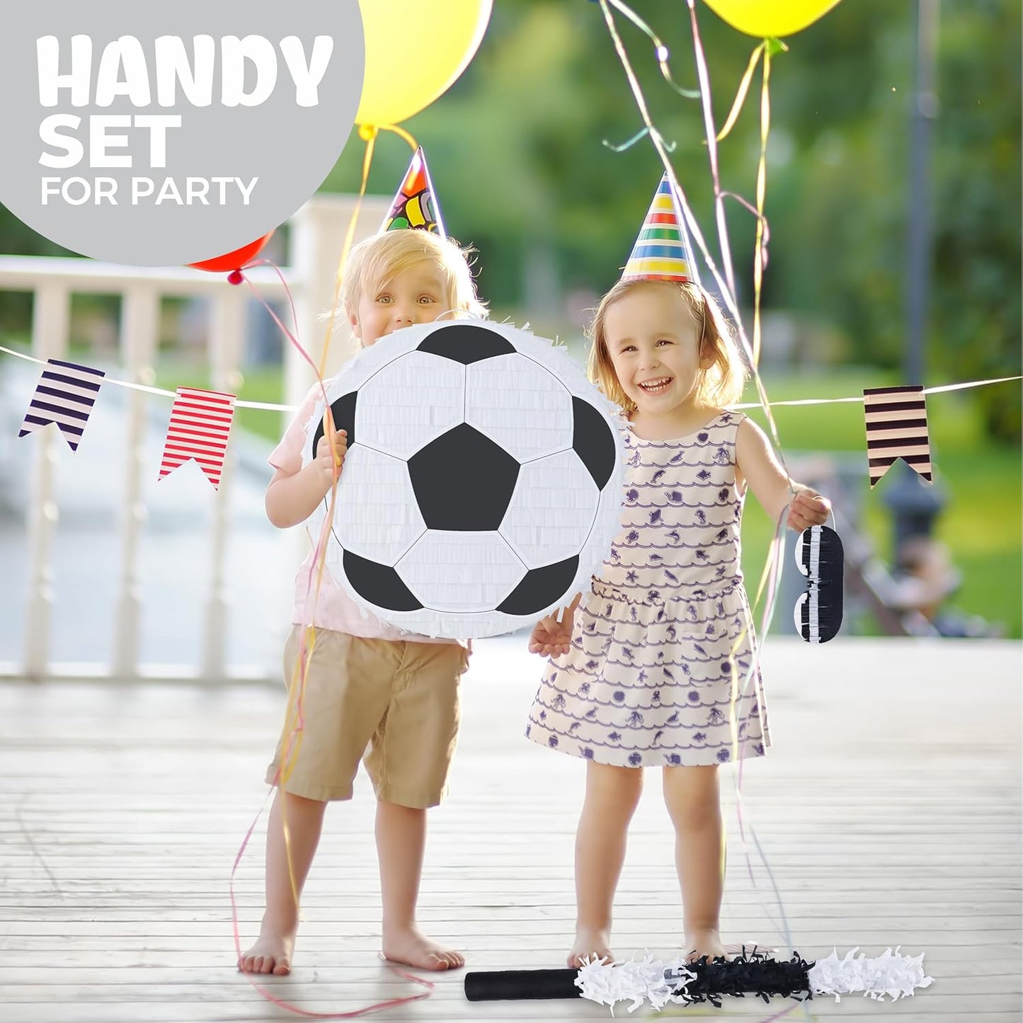 New Soccer Pinata Bundle with a Blindfold and Bat (13"x13"x4"), Soccer Ball Pinata for Birthday Party Boys, Perfect for Birthday Party, Sport Theme Party, Decoration