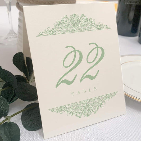Paisley Wedding Table Numbers (Select Color/Quantity), Champagne, Sage, 1-50, Double Sided, Tent or Use in a Stand, Great for Parties & Restaurants - Made in the USA