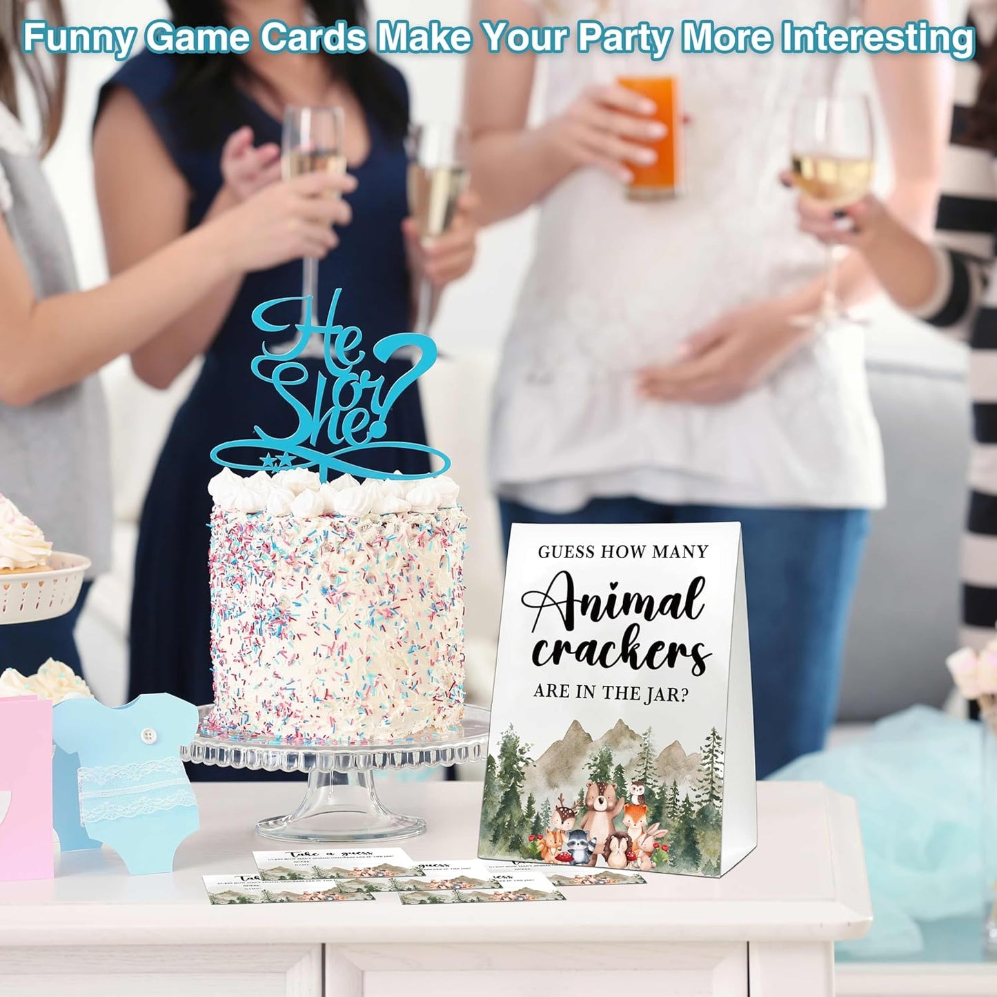 Woodland Baby Shower Game, Guess How Many Animal Crackers, Jungle Animal Safari 1 Standing Sign with 50 Cards for Gender Neutral Baby Shower - A01