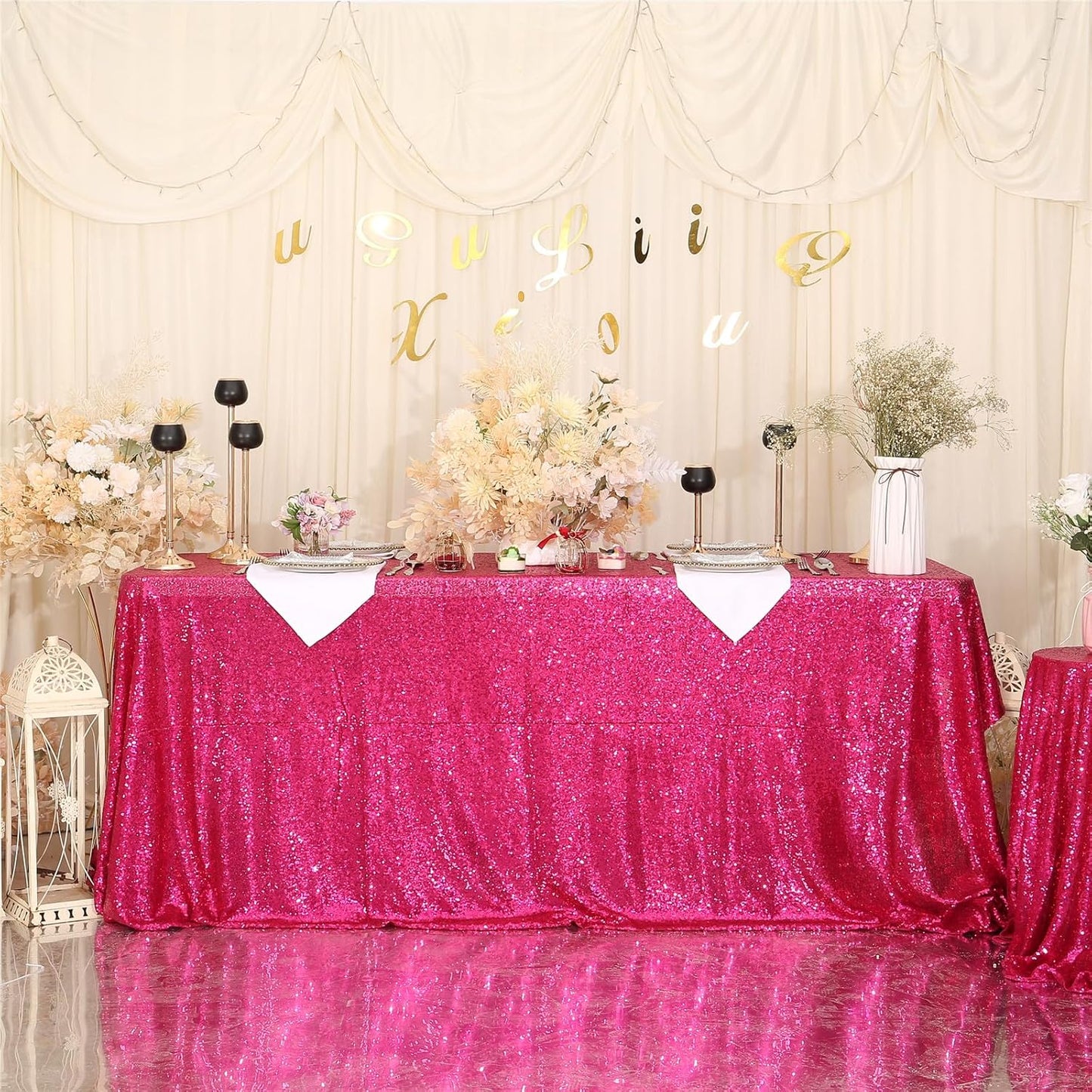 SquarePie Sequin Tablecloth 50 x 72 Inch Hot Pink Glitter Table Linen for Wedding Party