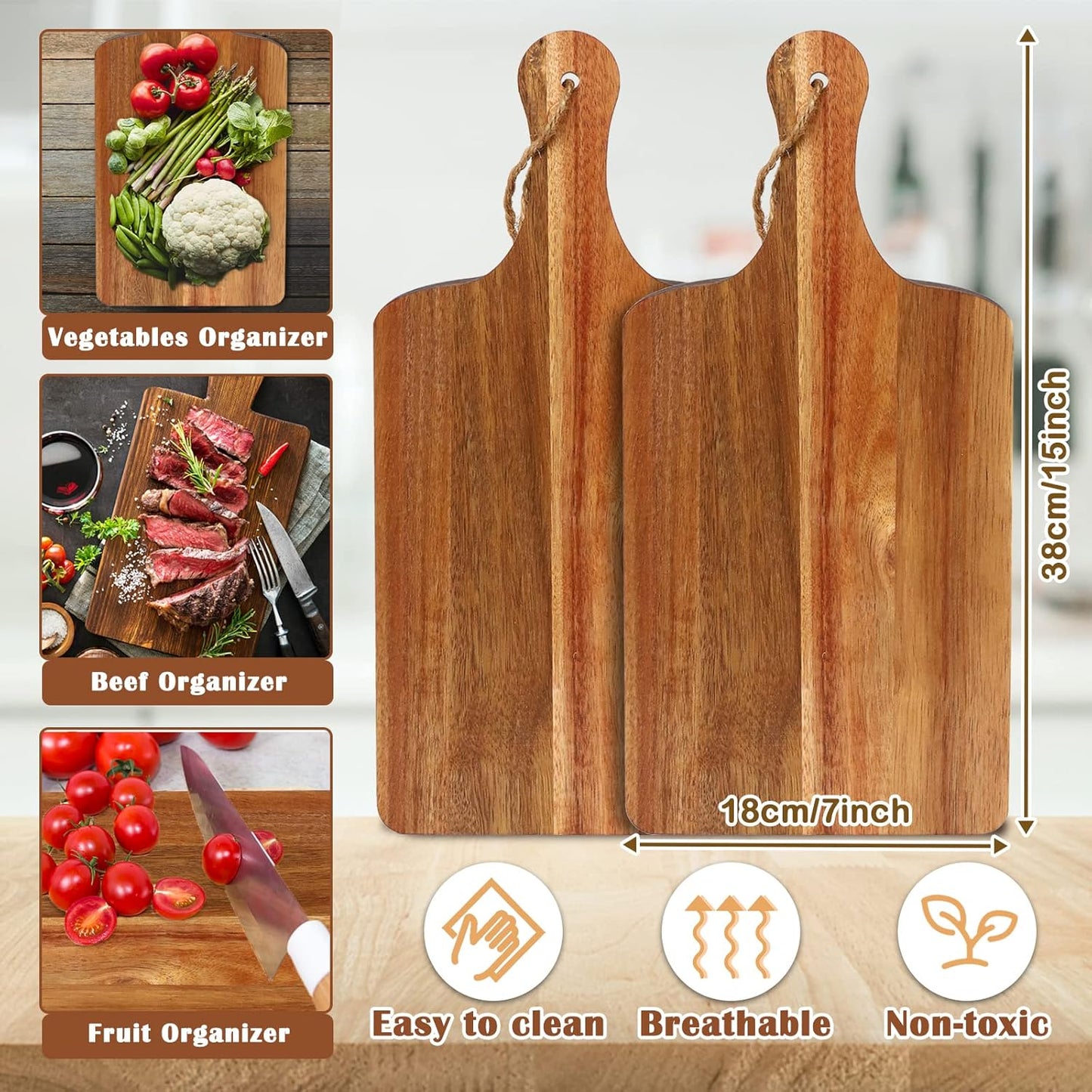 10 Packs Acacia Wood Cutting Board, 15 x 7 Inch Plain Chopping Board with Handles Large Serving Board Wooden Kitchen Cutting Board Bulk with Ropes for Vegetables Meat Pizza Cheese Fruit Bread
